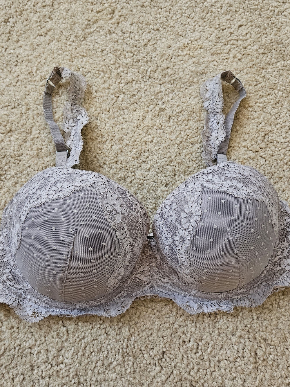 Victoria's Secret Dreams Angels Lined Demi Bra Lace Trim Polka Dot Gray 32 DDD
